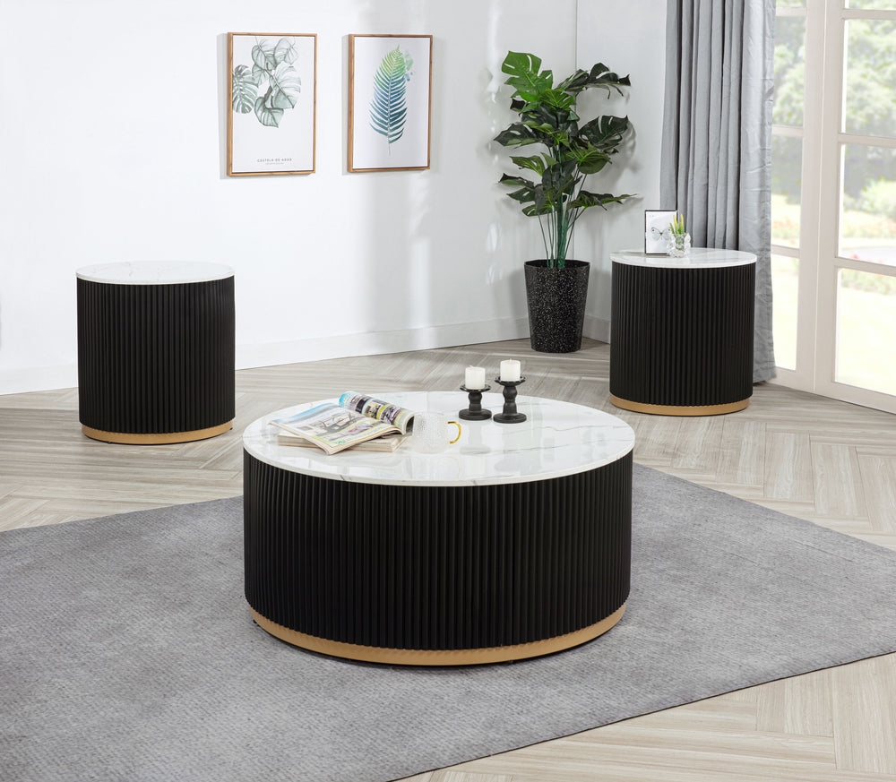 Elevate your living space with this elegantly modern cocktail group, designed to bring both sophistication and functionality to your home. Featuring a luxurious marble-inspired top, this group effortlessly exudes timeless elegance, while the sleek, vertic
