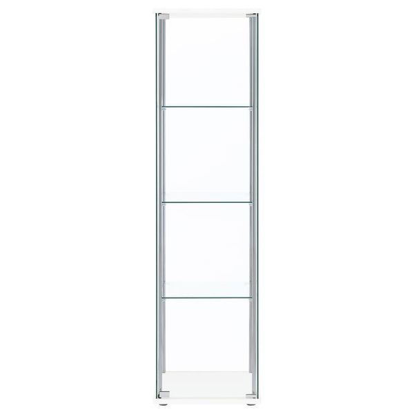  the four shelves are great for adding visual height to a living or dining room. Smooth chrome details complement the clear modern shape. Neutral in c