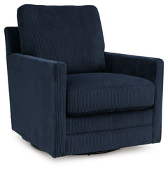 Clean-lined, contemporary style. Relaxed, homey comfort. This swivel chair has it all. Lightweight navy blue corduroy upholstery makes it a cozy yet head-turning piece. Factor in the 360-degree spin, and you-'ve got a win-win.<br><br><b>Additional Dimensi