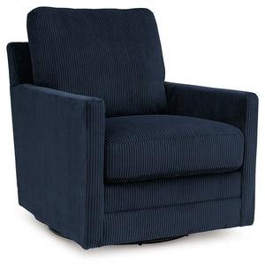 Clean-lined, contemporary style. Relaxed, homey comfort. This swivel chair has it all. Lightweight navy blue corduroy upholstery makes it a cozy yet head-turning piece. Factor in the 360-degree spin, and you-'ve got a win-win.<br><br><b>Additional Dimensi