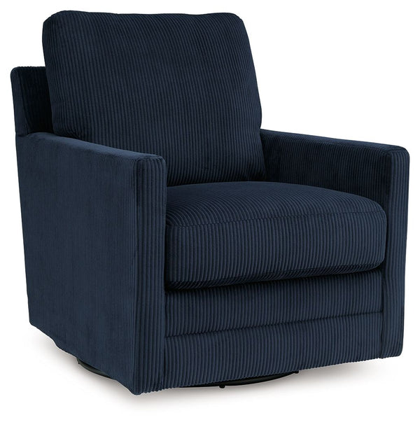 Clean-lined, contemporary style. Relaxed, homey comfort. This swivel chair has it all. Lightweight navy blue corduroy upholstery makes it a cozy yet head-turning piece. Factor in the 360-degree spin, and you-'ve got a win-win.<br><br><b>Additional Dimensi