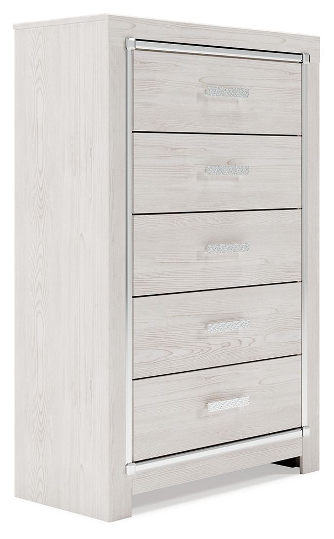 The epitome of fashion-forward design, this chest of drawers is a beautiful blend of style and luxury. Shiny chrome-tone accents, a pearlized finish and mosiac pulls bring a glam touch to the richly rustic appearance. Five smooth-gliding drawers provide p