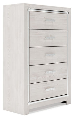 The epitome of fashion-forward design, this chest of drawers is a beautiful blend of style and luxury. Shiny chrome-tone accents, a pearlized finish and mosiac pulls bring a glam touch to the richly rustic appearance. Five smooth-gliding drawers provide p
