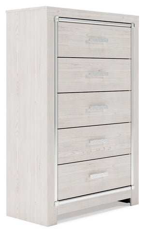 The epitome of fashion-forward design, this chest of drawers is a beautiful blend of style and luxury. Shiny chrome-tone accents, a pearlized finish and mosiac pulls bring a glam touch to the richly rustic appearance. Five smooth-gliding drawers provide p