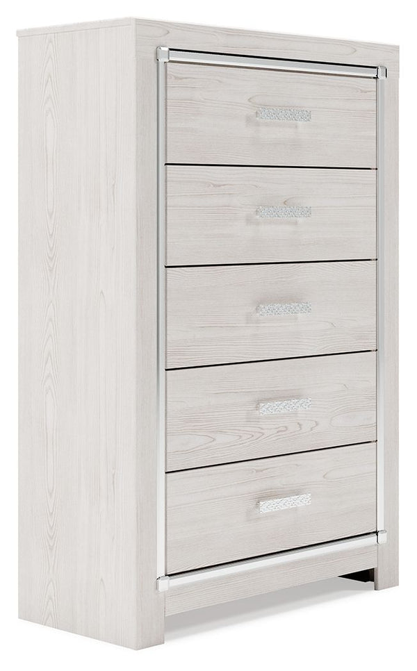 The epitome of fashion-forward design, this chest of drawers is a beautiful blend of style and luxury. Shiny chrome-tone accents, a pearlized finish and mosiac pulls bring a glam touch to the richly rustic appearance. Five smooth-gliding drawers provide p