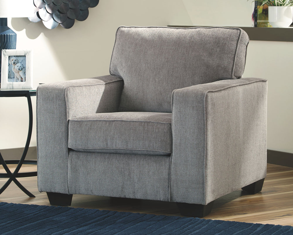 If style is the question, then this striking chair is the answer. Sporting clean lines and sleek track arms, the decidedly contemporary profile is enhanced with plump cushioning and a chenille-feel upholstery that-'s so pleasing to the touch. Rest assured