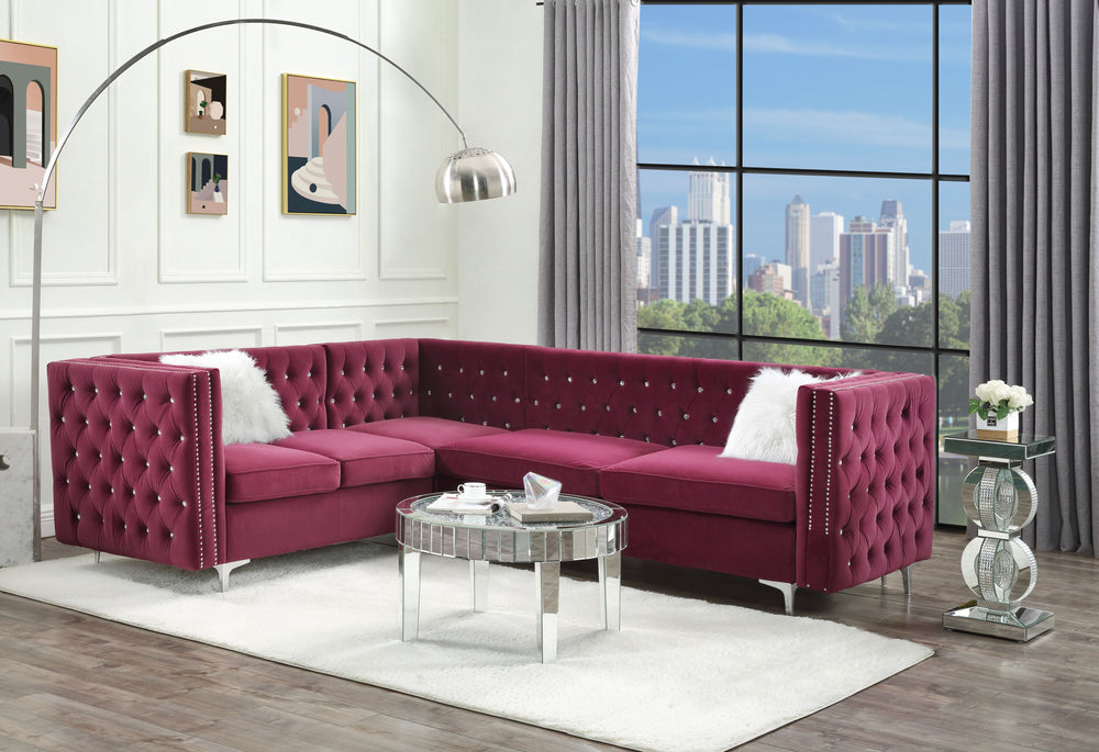 Nothing screams luxury like this Jaszira modular upholstery group. Each piece is enveloped in a luxurious velvet upholstery and showcasing button tufting, and a nail head trim accent for a tailored touch. Foam padding offers comfortable cushioning. Design