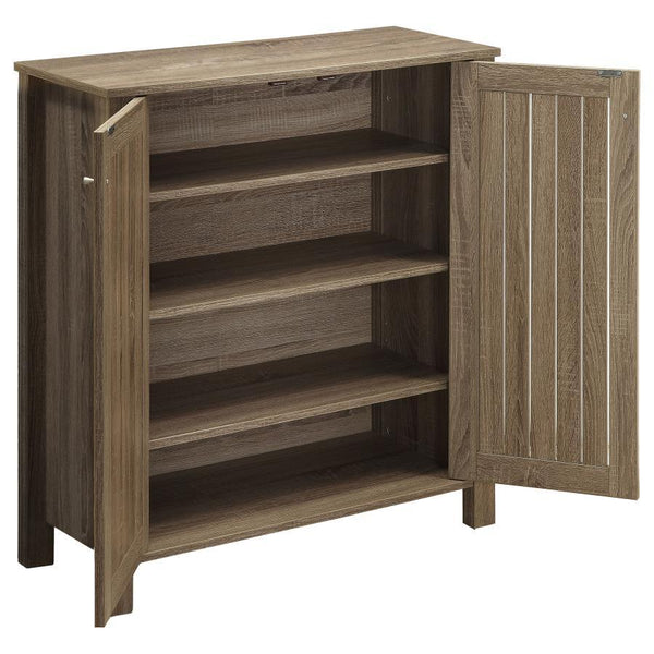  featuring a slatted door front and a dark taupe finish. Crafted from engineered wood with a scratch-resistant and eco-friendly laminate veneer