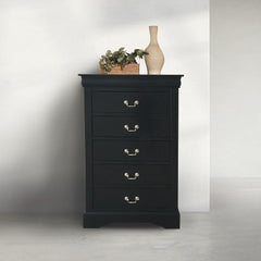 This Louis Philippe III chest comes in black, cherry, white, and antique gray finish. 5 Drawers with brushed nickel metal hardware and center metal glides offer ample space for your clothes, bedding and linens. This beautiful chest will be the perfect com