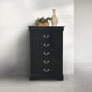 This Louis Philippe III chest comes in black, cherry, white, and antique gray finish. 5 Drawers with brushed nickel metal hardware and center metal glides offer ample space for your clothes, bedding and linens. This beautiful chest will be the perfect com