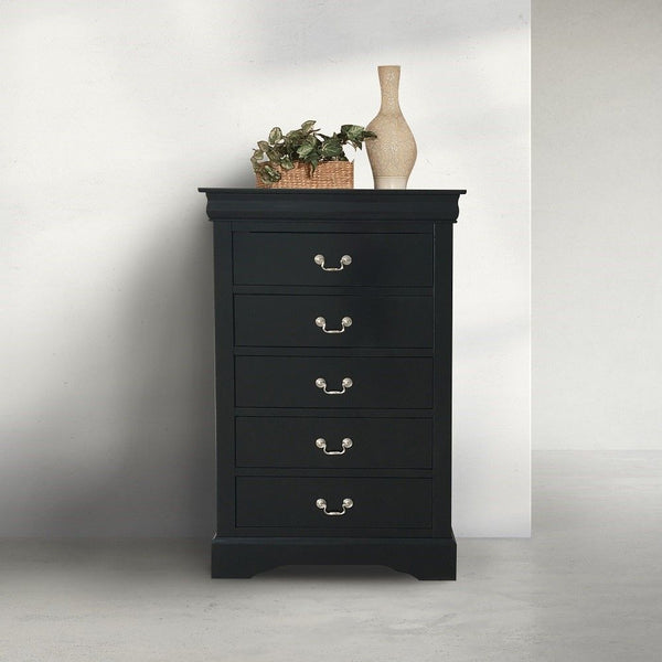 This Louis Philippe III chest comes in black, cherry, white, and antique gray finish. 5 Drawers with brushed nickel metal hardware and center metal glides offer ample space for your clothes, bedding and linens. This beautiful chest will be the perfect com