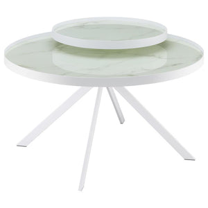 This modern two-tier coffee table features a sleek metal frame and tempered glass tops with marble-pattern printing for a refined aesthetic. Its multi-level design offers added functionality, perfect for displaying decor or organizing essentials. The stur