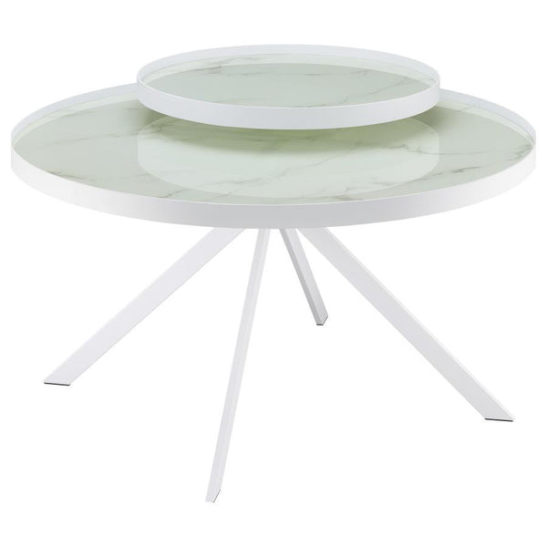 This modern two-tier coffee table features a sleek metal frame and tempered glass tops with marble-pattern printing for a refined aesthetic. Its multi-level design offers added functionality, perfect for displaying decor or organizing essentials. The stur