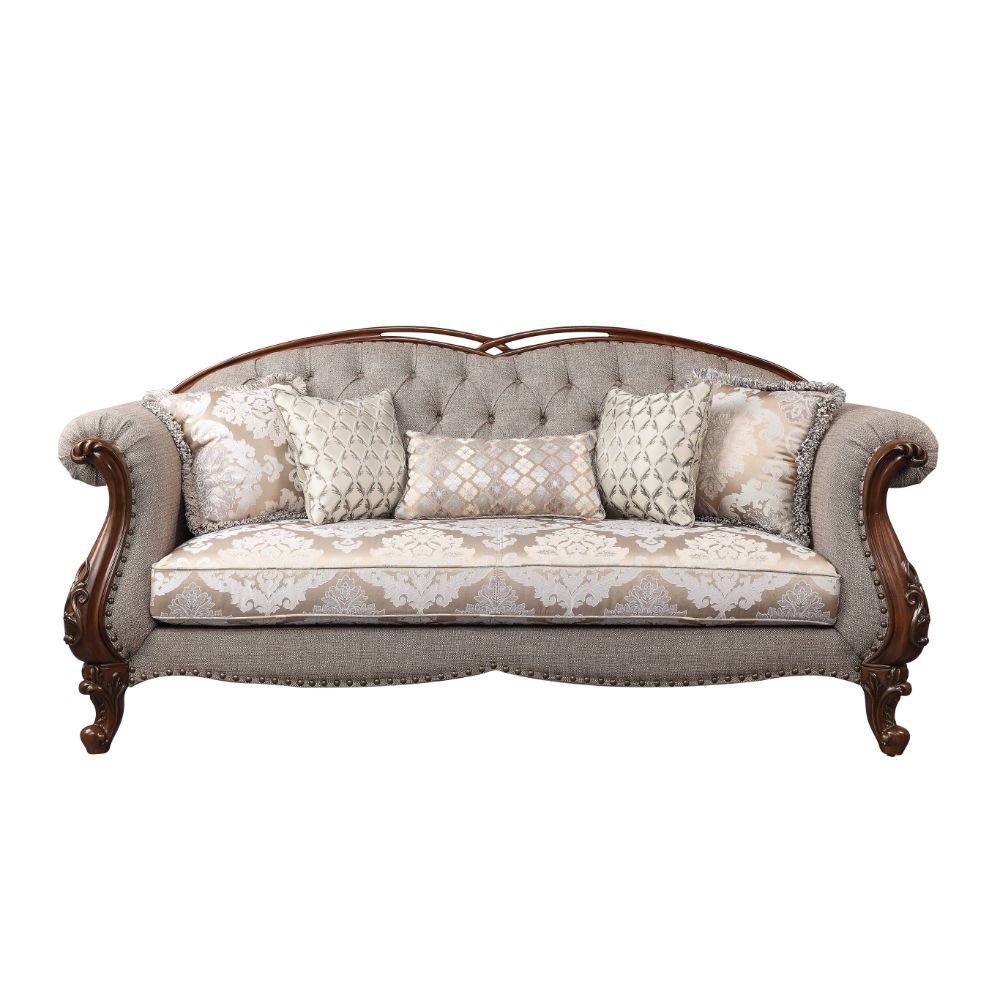 A new addition to Acmeâ€™s collection of exclusive designs, the Miyeon sofa set in cherry finish is full of handsome details. Nailhead trim along the padded seat base runs up the scrolled arms and arched seatbacks. Button tufting on the seatbacks makes th