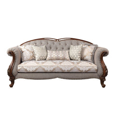 A new addition to Acmeâ€™s collection of exclusive designs, the Miyeon sofa set in cherry finish is full of handsome details. Nailhead trim along the padded seat base runs up the scrolled arms and arched seatbacks. Button tufting on the seatbacks makes th