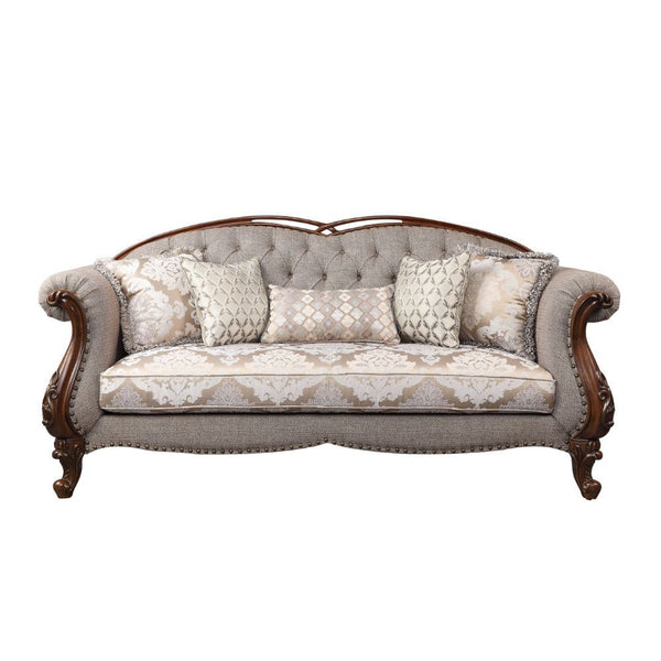 A new addition to Acmeâ€™s collection of exclusive designs, the Miyeon sofa set in cherry finish is full of handsome details. Nailhead trim along the padded seat base runs up the scrolled arms and arched seatbacks. Button tufting on the seatbacks makes th