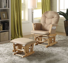 The Rehan Glider Chair & Ottoman will add a comfortable and stylish look to your den or bedroom. The natural oak finish frame is made from Rubberwood for durability, with a foam-padded taupe microfiber upholstery for comfort. The ottoman gives you a spot 