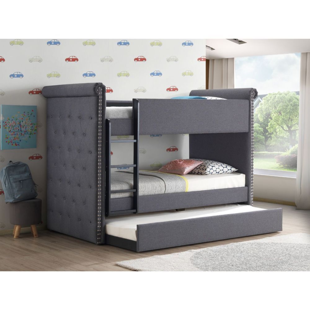 Give your child-'s bedroom a convenient and stylish update with the Ramona II twin over twin bunk bed. This bed-'s unique gray fabric has antique-inspired details like button tuft upholstery, and nailhead trim to create a charming and timeless look. A twi