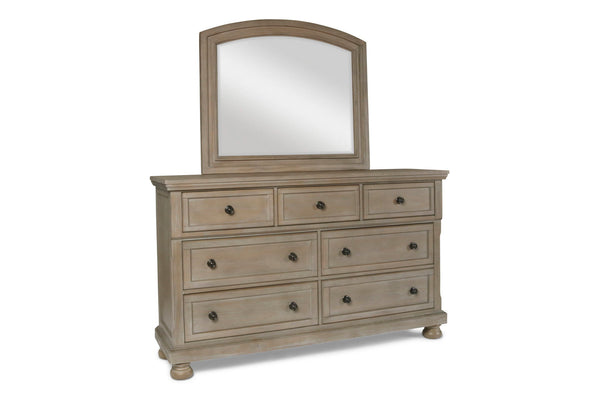 The Allegra Dresser Mirror in a sophisticated pale pewter finish is the perfect blend of durability, style, and clarity, making it an essential complement to your bedroom furniture. Expertly crafted from solid Mindi wood, engineered woods, and wood veneer