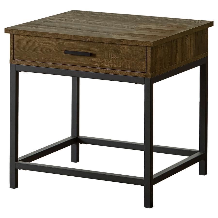 This rustic modern end table features a warm brown oak finish and functional design. It includes a full-extension drawer for hidden storage and a lower open shelf for easy access to essentials. Built with engineered wood and metal accents, this sturdy sid