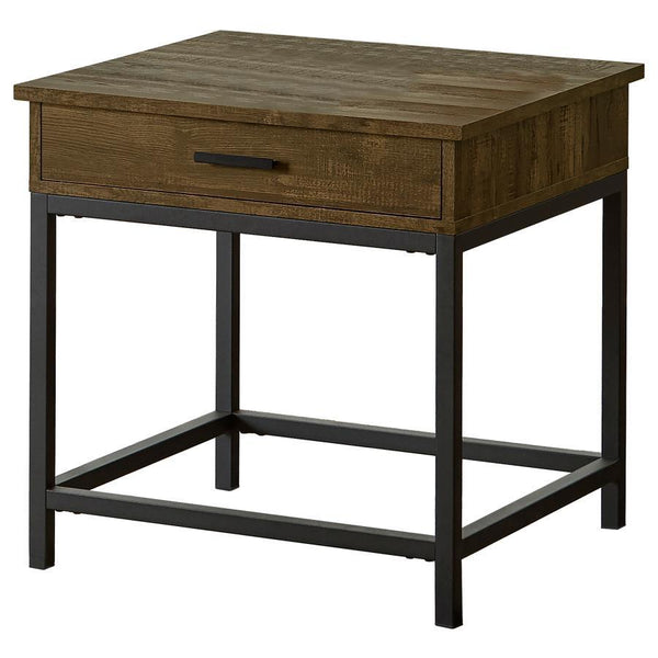 This rustic modern end table features a warm brown oak finish and functional design. It includes a full-extension drawer for hidden storage and a lower open shelf for easy access to essentials. Built with engineered wood and metal accents, this sturdy sid