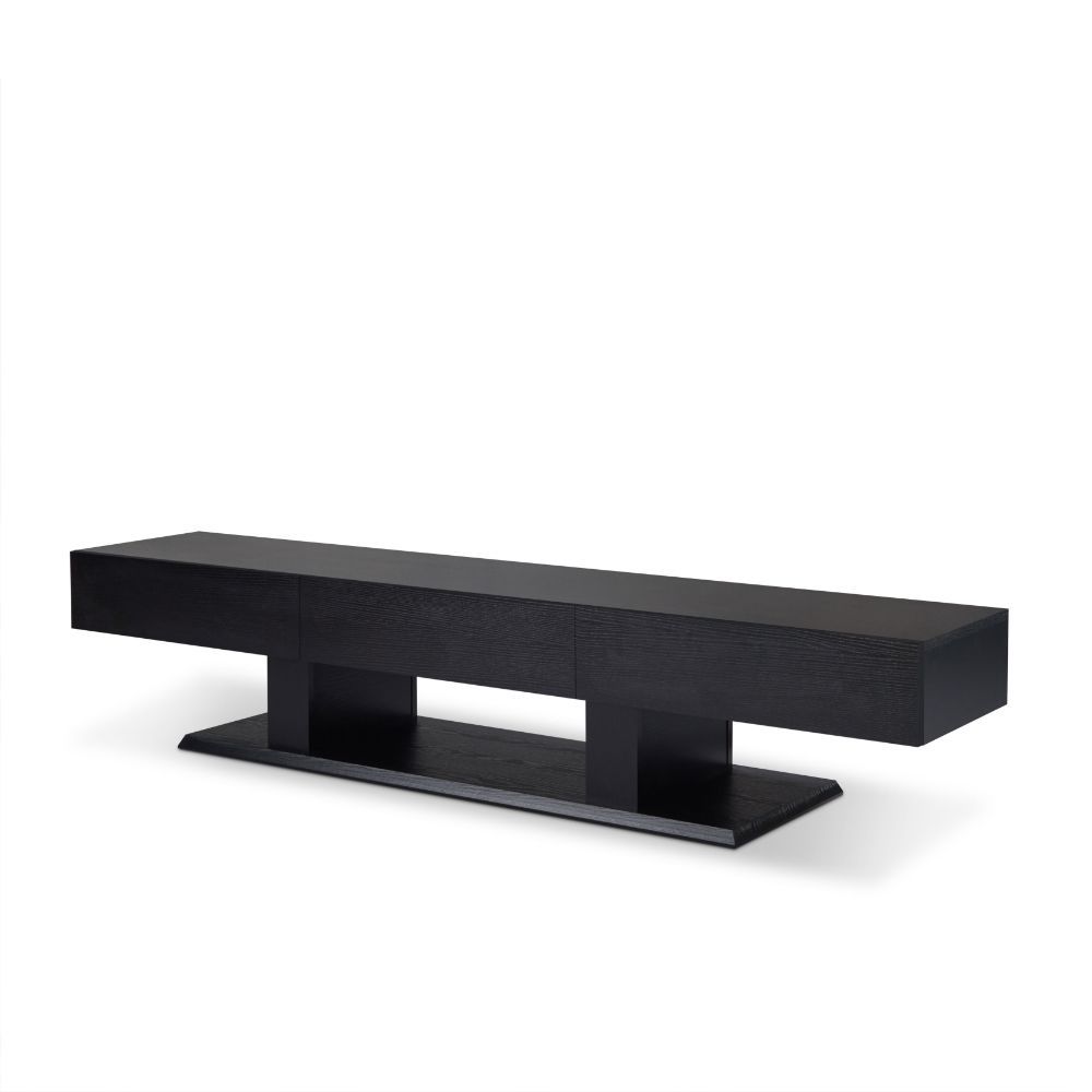 Inspired by heterogeneous global lifestyle, this Follian TV stand is designed to be an essential piece in any living room area. Covered in the high quality black veneer, ultimate elegance is presented with functionality. Featuring three drawers and an ope