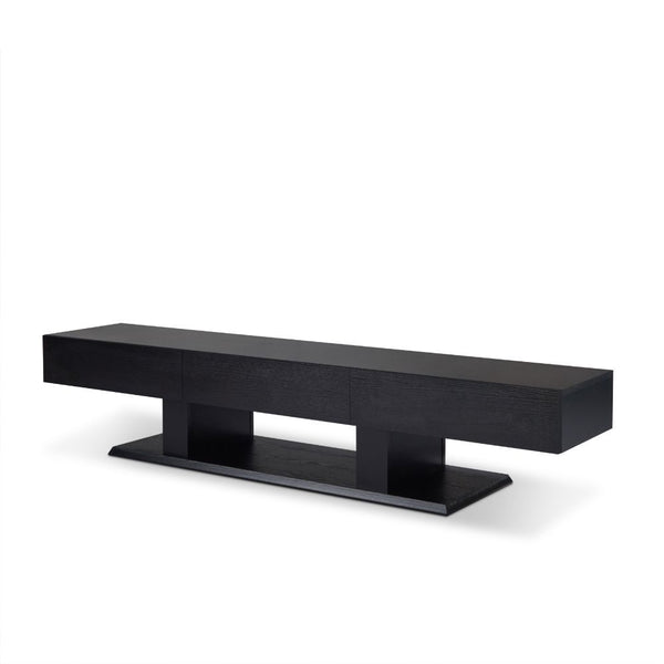 Inspired by heterogeneous global lifestyle, this Follian TV stand is designed to be an essential piece in any living room area. Covered in the high quality black veneer, ultimate elegance is presented with functionality. Featuring three drawers and an ope