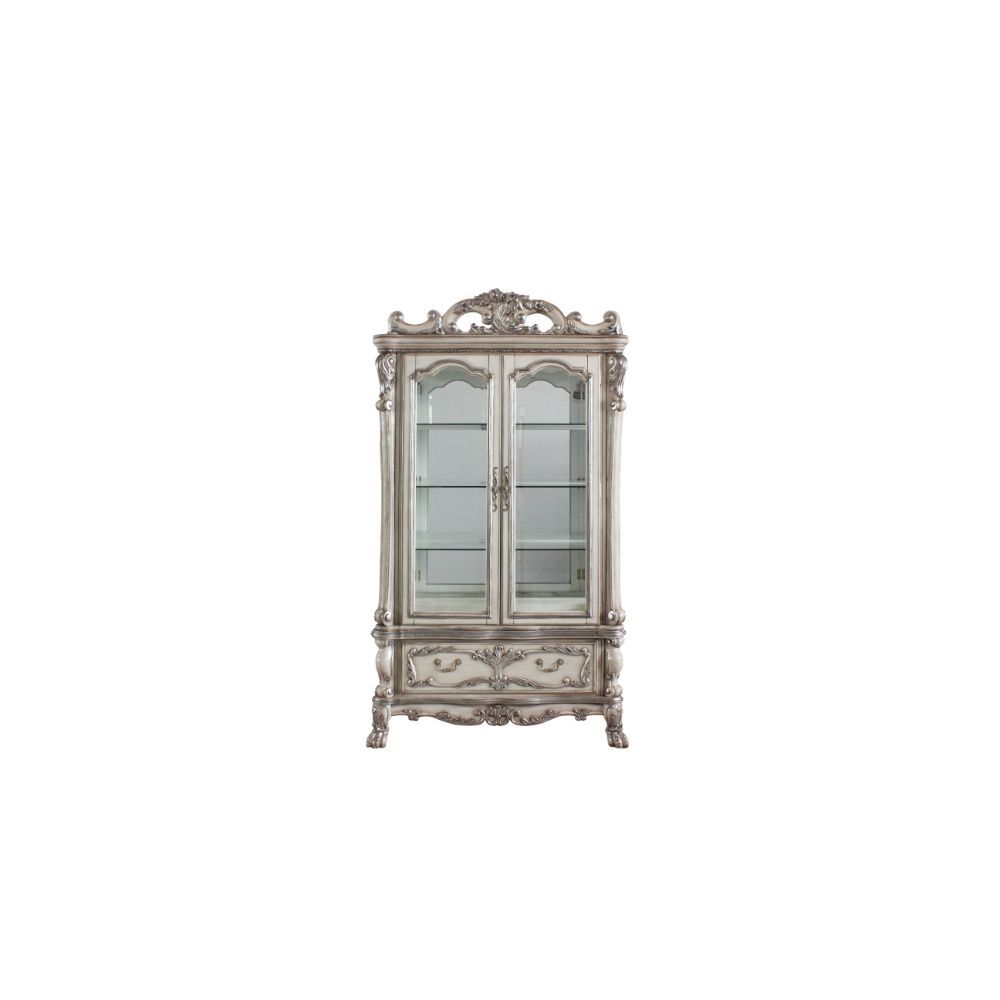 Curio Cabinet STORAGE: HUTCH) 2 Glass Doors (4 Compartments with 3 Glass Shelves) BASE) 1 Drw Touch Light & Mirrored Back Panel Wooden Case Frame with Oversized Crown & Claw Leg (Poly-Resin Floral Motifs & Trim)<br/><br/><b>Product Features</b><ul><li>Cas