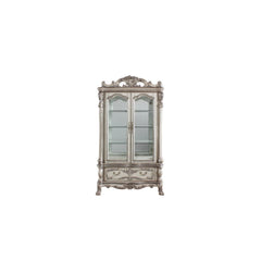 Curio Cabinet STORAGE: HUTCH) 2 Glass Doors (4 Compartments with 3 Glass Shelves) BASE) 1 Drw Touch Light & Mirrored Back Panel Wooden Case Frame with Oversized Crown & Claw Leg (Poly-Resin Floral Motifs & Trim)<br/><br/><b>Product Features</b><ul><li>Cas
