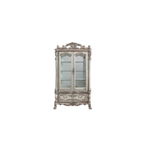 Curio Cabinet STORAGE: HUTCH) 2 Glass Doors (4 Compartments with 3 Glass Shelves) BASE) 1 Drw Touch Light & Mirrored Back Panel Wooden Case Frame with Oversized Crown & Claw Leg (Poly-Resin Floral Motifs & Trim)<br/><br/><b>Product Features</b><ul><li>Cas