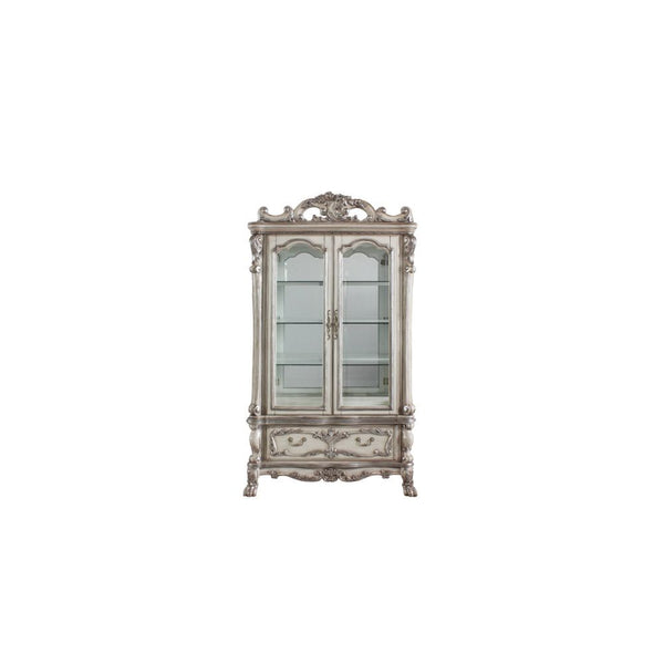 Curio Cabinet STORAGE: HUTCH) 2 Glass Doors (4 Compartments with 3 Glass Shelves) BASE) 1 Drw Touch Light & Mirrored Back Panel Wooden Case Frame with Oversized Crown & Claw Leg (Poly-Resin Floral Motifs & Trim)<br/><br/><b>Product Features</b><ul><li>Cas