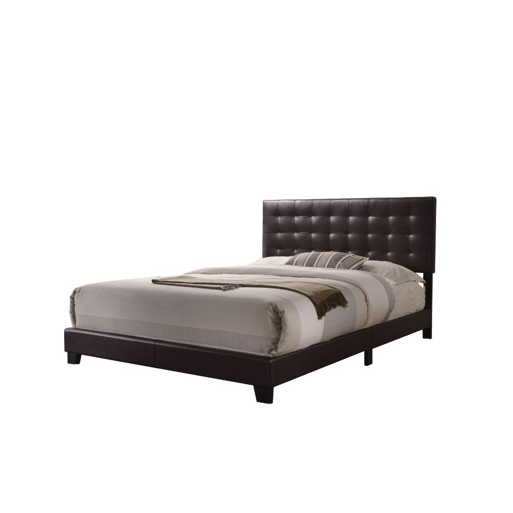 The Masate bed is a modern styled platform bed. The headboard is wrapped in espresso toned PU and has a traditional use of button tufting, creating an interesting and inviting look to the headboard. The platform footboard and side rails are wrapped in esp
