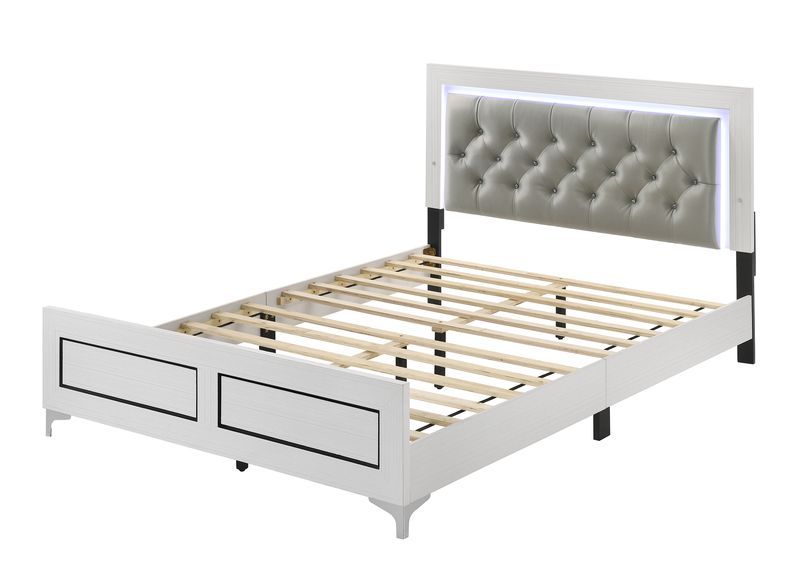 The Casilda bedroom collection will help you create the perfect retreat. In a white finish to easily style and works with various color schemes. Tying each piece together are the metal legs. The bed boasts a PU padded headboard with button tufting in a gr