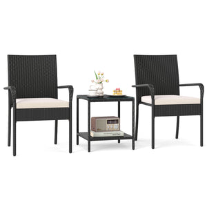 Crafted from appealing and long-lasting PE rattan<br>Comfortable to sit with ergonomic backrest and armrests<br>Soft seat cushions bring more coziness<br>Zippered cushion covers for simple maintenance<br>Side table with 2-tier design for more storage spac
