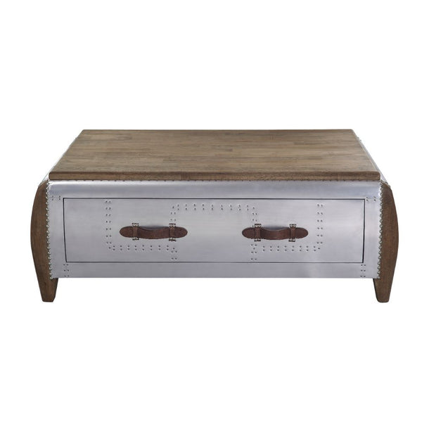 Combining antique oak with sleek aluminum metal, the Brancaster rectangular coffee table will increase the industrial appeal of your living space. The base features tapered legs and nail-head trim, while the deep drawer gives you plenty of storage space f