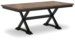 Raise the bar on modern farmhouse style with this dining extension table. Its handsome good looks are accentuated with a two-tone finish and a casual butcher block veneer top. The sturdy silhouette adds a hearty element, whether your style is vintage, cou