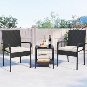 Crafted from appealing and long-lasting PE rattan<br>Comfortable to sit with ergonomic backrest and armrests<br>Soft seat cushions bring more coziness<br>Zippered cushion covers for simple maintenance<br>Side table with 2-tier design for more storage spac