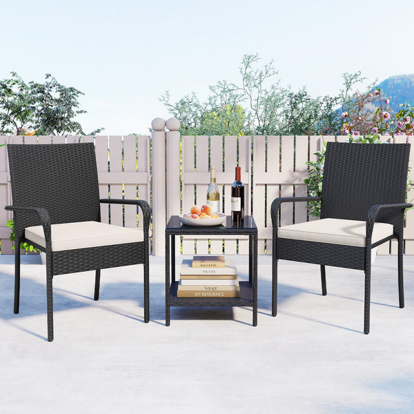 Crafted from appealing and long-lasting PE rattan<br>Comfortable to sit with ergonomic backrest and armrests<br>Soft seat cushions bring more coziness<br>Zippered cushion covers for simple maintenance<br>Side table with 2-tier design for more storage spac