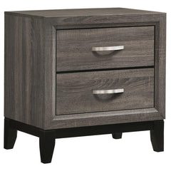 A contemporary take on mid-century modern design, the color blocking from this grey two-drawer nightstand sets it apart from the rest. Constructed of oak, the body showcases a light, exposed wood grain that oozes sophistication. Tapered legs in a black fi