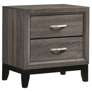 A contemporary take on mid-century modern design, the color blocking from this grey two-drawer nightstand sets it apart from the rest. Constructed of oak, the body showcases a light, exposed wood grain that oozes sophistication. Tapered legs in a black fi