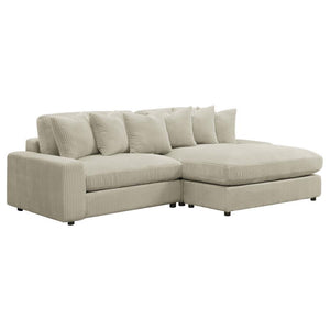 Bring retro-inspired elegance to your contemporary seating environment with this modern reversible sofa and oversized chaise. Upholstered in vintage-like wide corduroy fabric, it offers a soft texture in elegant fog or sand tones. The two-piece design fea