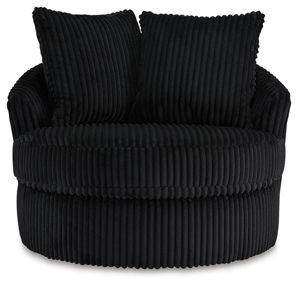  while throw pillows elevate the cozy factor. A smooth-gliding 360-degree swivel lets you go with the flow. Come on