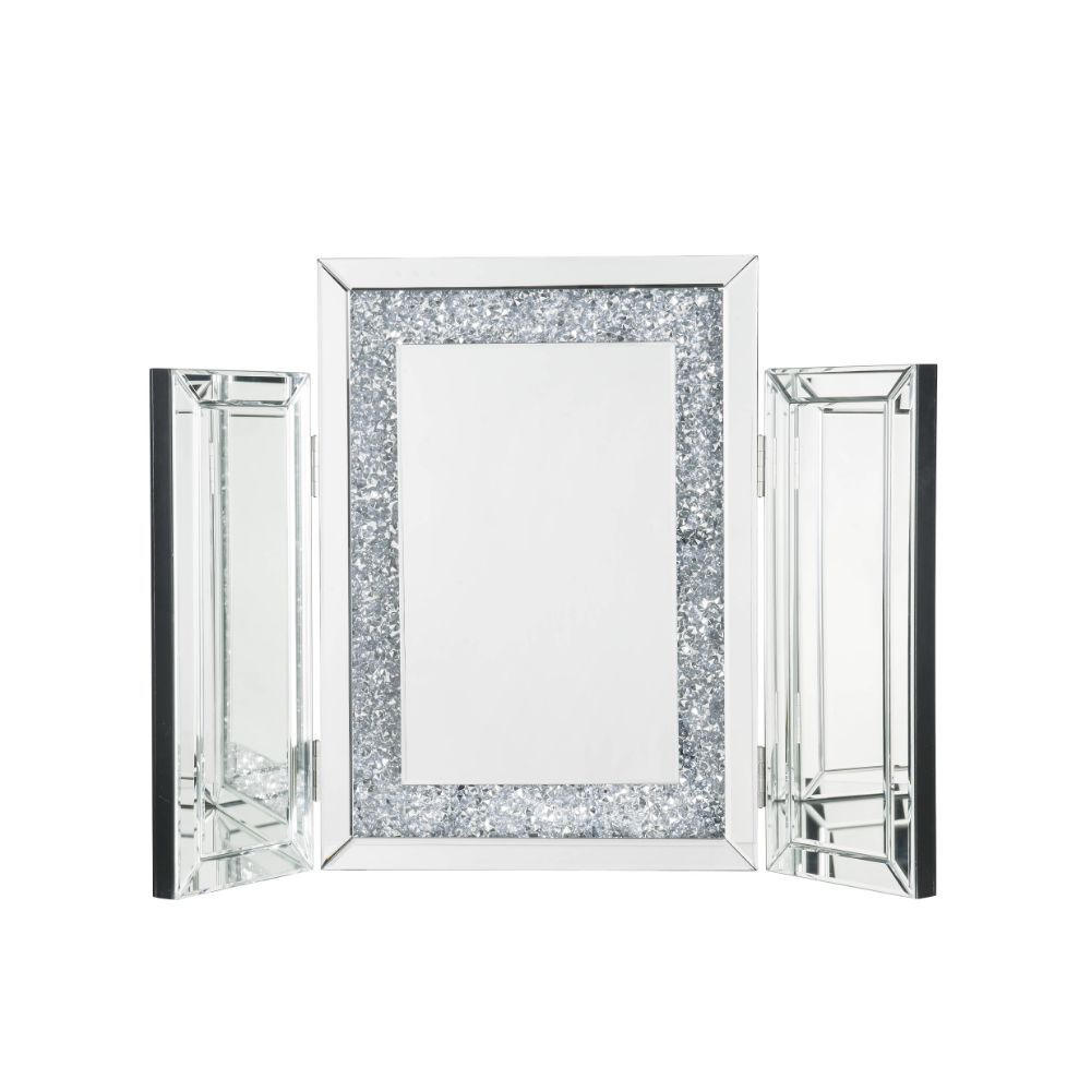 Display your dazzling sense of style by topping your vanity with the Noralie tri-fold mirror. This trifold mirror features a beveled mirrored frame with faux diamonds inlay. Each piece is hinged, allowing you to adjust the position of the side panels.<br/