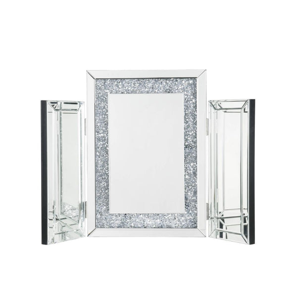 Display your dazzling sense of style by topping your vanity with the Noralie tri-fold mirror. This trifold mirror features a beveled mirrored frame with faux diamonds inlay. Each piece is hinged, allowing you to adjust the position of the side panels.<br/