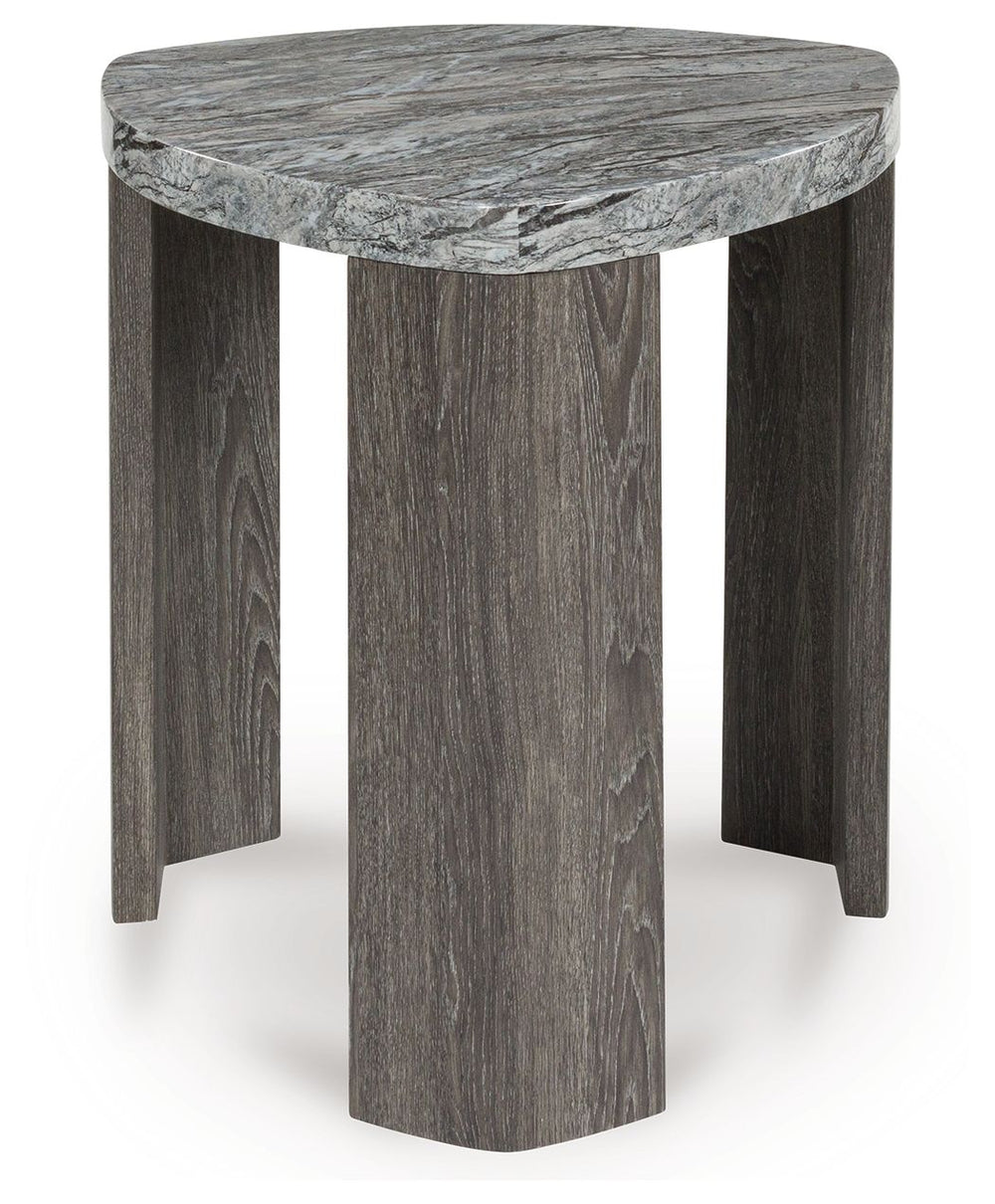 Striking contemporary form, meet canâ€™t-miss function. This end table pairs the look of faux gray marble with a weathered gray wood grain for a simply chic approach to monochromatic style. Perfect as a perch for remotes, a lamp or morning coffee, itâ€™s 