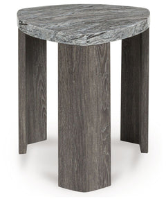 Striking contemporary form, meet canâ€™t-miss function. This end table pairs the look of faux gray marble with a weathered gray wood grain for a simply chic approach to monochromatic style. Perfect as a perch for remotes, a lamp or morning coffee, itâ€™s 