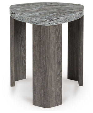 Striking contemporary form, meet canâ€™t-miss function. This end table pairs the look of faux gray marble with a weathered gray wood grain for a simply chic approach to monochromatic style. Perfect as a perch for remotes, a lamp or morning coffee, itâ€™s 