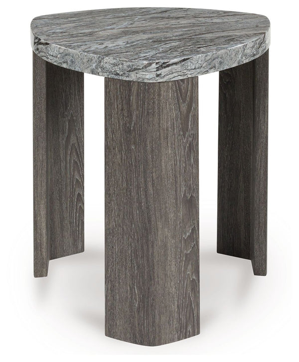 Striking contemporary form, meet canâ€™t-miss function. This end table pairs the look of faux gray marble with a weathered gray wood grain for a simply chic approach to monochromatic style. Perfect as a perch for remotes, a lamp or morning coffee, itâ€™s 
