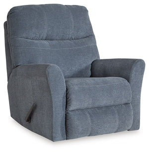 This recliner takes a homey approach to high style. Its denim-inspired fabric has classic versatility, while a contemporary silhouette and stitched details keep the look totally on trend. And you can count on comfortâ€”a one-pull reclining motion seamless