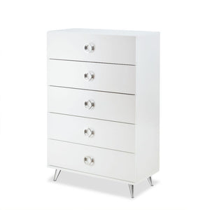 The Elms collection its classically beautiful and masterfully crafted, with contemporary style offers a timeless design that will last through the ages. The silver tapered legs and ring pulls pop against the white finish for a sophisticated, yet casual lo